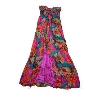 Vintage 90s Jovani Silk Multicolor Floral Beaded Strapless Ruffle Hem Maxi Dress